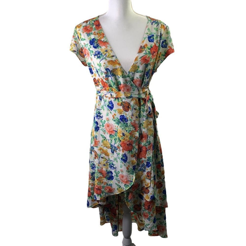 Wayf Floral Midi Wrap Dress Sz M Multicolor Floral High-low Medium Multi…